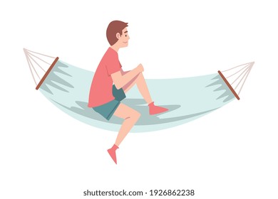 Smiling Male Sitting in Hammock and Looking Ahead Vector Illustration
