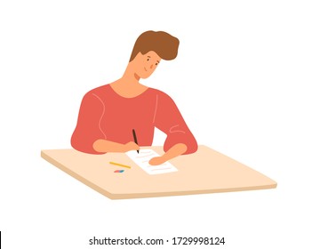 Estudiante sonriente sentada en un escritorio escribiendo un test de ilustración plana vectorial de la escuela. Colorido y feliz tipo en el examen de la universidad aislado de fondo blanco. Adolescente feliz en la mesa en la universidad