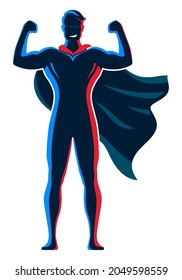 Smiling male superhero with a cape, standing straight with red and blue neon contour lighting on his body. Strong, muscular, energetic cartoon man silhouette vector illustration.