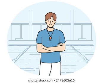 Smiling male swimming coach with whistle standing near pool. Happy lifeguard posing in swimming pool. Occupation concept. Vector illustration.