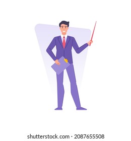 Smiling male teacher posing with clipboard and pointer leading lecture university or school lesson vector flat illustration. Happy man in tie suit speaking at seminar or business report presentation
