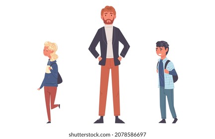 Smiling Male Teacher and School Children or Pupils Vector Set