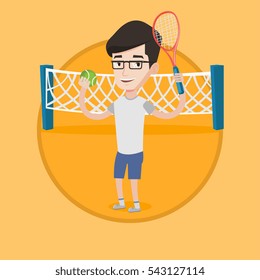 Smiling male tennis player holding a racket. Tennis player holding a ball. Young caucasian cheerful sportsman playing tennis. Vector flat design illustration in the circle isolated on background.