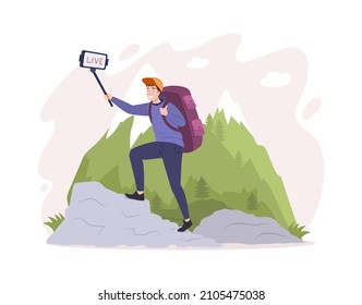 Smiling male travel blogger internet broadcasting use smartphone hiking on mountain extreme sport journey. Vlogger man live streaming service enjoy active lifestyle tourist vacation flat vector