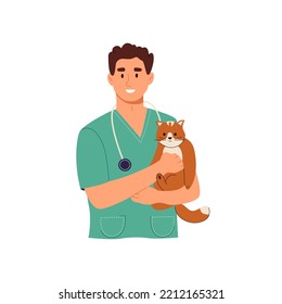 Smiling male veterinarian doctor holding a cat. Vet clinic specialist with cute pet. Medicine, veterinary, examination concept. Color flat vector illustration isolated on white background