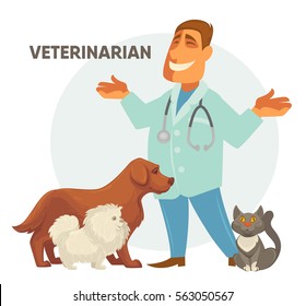 Smiling Male veterinarian. Vector illustration of a veterinarian with a cute puppy dog and cat .