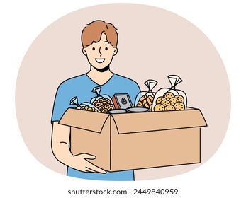 Smiling male volunteer with box of food bring donation at crisis or refugee center. Happy man activist volunteer help homeless or poor people. Vector illustration.