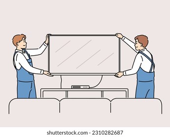 Smiling male workers in uniform hang TV on wall in apartment. Happy mechanics install television set at client home. Good quality service. Vector illustration. 