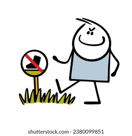 Smiling maliciously child breaks   rules and runs on the grass. Vector illustration of  sign not to walk on lawns and caricature bully spoils nature. Hand drawn stickman isolated on white background.