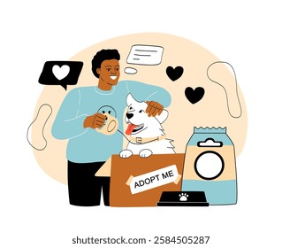 Smiling man adopts a happy dog from a shelter, holding tape to seal a box. Pet food and bowl nearby. Minimalist style on a white background