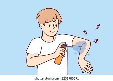 Smiling man applying anti-mosquito spray on arms. Guy use insect repellent keep bugs away outdoors. Vector illustration. 