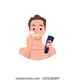 Smiling man applying facial moisturizing cream, flat vector illustration isolated on white background. Skincare routine concepts, great for cosmetology design.