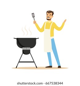 Smiling man in apron preparing barbecue on a grill vector Illustration