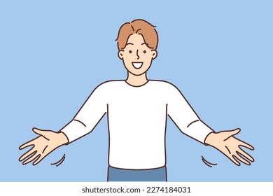 Smiling man with arms stretched open friend or colleague. Happy guy make hand gesture feel positive welcome or meet newcomer. Vector illustration. 