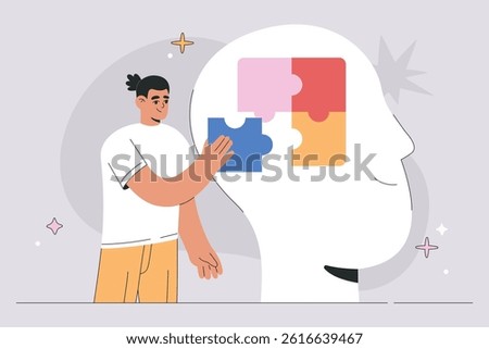 Smiling man arranging jigsaw puzzle in human head, mindfulness and mental health care concept, solving psychological problems. Abstract design, colourful flat vector illustration, isolated background