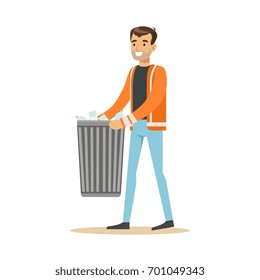 Smiling man arrying garbage bin, waste recycling and utilization concept vector Illustration