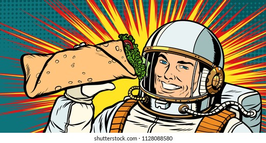 Smiling man astronaut presents Shawarma kebab Doner. Pop art retro vector illustration vintage kitsch drawing