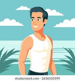 Smiling man athlete in white t shirt enjoying sun on beach. Summer time, vacation concept. Travel illustration.