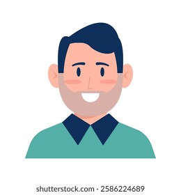 Smiling Man Avatar: A cheerful and friendly cartoon avatar of a man with a beard, wearing a green shirt and a navy blue collar,  ready for any website or app design.