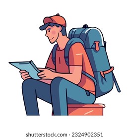 Smiling man with backpack enjoys adventure icon isolated