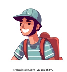 Smiling man with backpack enjoys outdoor adventure icon