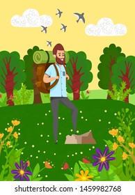 Smiling man with backpack hiking in forest, green hills with flowers and trees. Hiker male near rock, traveling in wild nature, wood and blossom vector. Flat cartoon