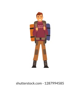 Lächelnder Mann mit Rucksack, Outdoor-Abenteuer, Reise, Camping, Rucksacktour oder Expedition Vektorillustration Illustration