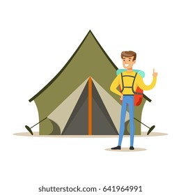 Smiling man with a backpack standing near a tourist tent. Summer camping colorful cartoon character vector Illustration