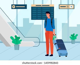 Smiling man with baggage, tourist with luggage in departure lounge. Man character with bag standing near stairs and scoreboard, traveler in airport vector. Flat cartoon