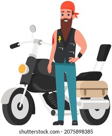 Smiling man in bandana and leather jacket. Brutal bearded biker, driver, motorcyclist standing near huge bike. Cool biker, lover of extreme driving on transport. Male character riding motorcycle
