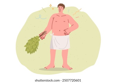 Smiling man bathhouse attendant holds birch broom for massage procedures in bathhouse, stands with towel on hips. Satisfied guy looks at screen with smile, offering to visit health bath