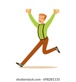 Smiling man in a Bavarian traditional costume running with beer mugs, Oktoberfest beer festival vector Illustration