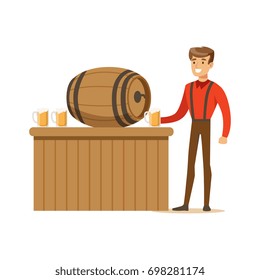 Smiling man in a Bavarian traditional costume pouring beer into glass mug in a bar or pub, Oktoberfest beer festival vector Illustration