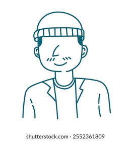 Smiling Man in Beanie: Simples ilustração de um homem feliz vestindo um gorro e uma jaqueta. Perfeito para avatares, sites ou designs de aplicativos.