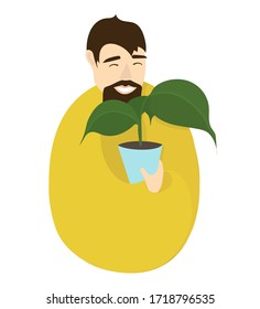 Smiling man with beard carefully holds flower in a pot. Logo for greening company. Vertical gardening. Gardener in a yellow jacket. Vector flat illustration.