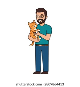 Smiling man with a beard and glasses holding a cute orange cat. Smiling man with a beard and glasses in a teal shirt hugging a small orange tabby cat. Solid white background. Ideal for pet care blogs or animal adoption posters.