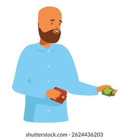 Hombre sonriente con la barba que sostiene la cartera y que da el dinero, aislado en el fondo blanco