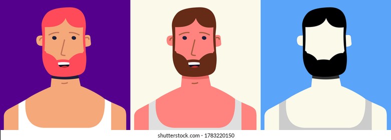 Smiling man with beard in undershirt. Colored pack and silhouette. Avatar. Vector Flat Illustration.