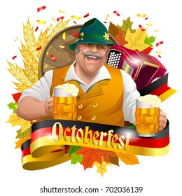 Smiling man with beer mugs, October fest label with ribbon banner, ears of wheat and, accordion colorful autumn leaves. Image isolated on white