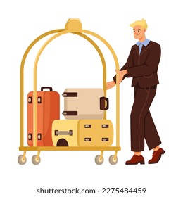 Smiling Man Bellman or Porter Pushing Trolley with Luggage Vector Illustration