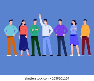 Smiling man between people crowd on sad emotions flat vector character.