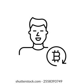 Smiling man and bitcoin symbol in refresh arrow. Crypto-enabled user account. Online payment and finances. Pixel perfect vector icon