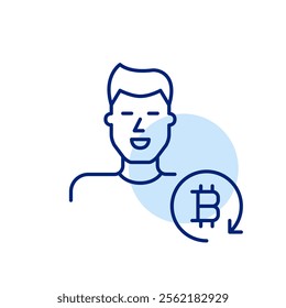 Smiling man and bitcoin symbol in refresh arrow. Crypto-enabled user account. Online payment and finances. Pixel perfect, editable stroke icon