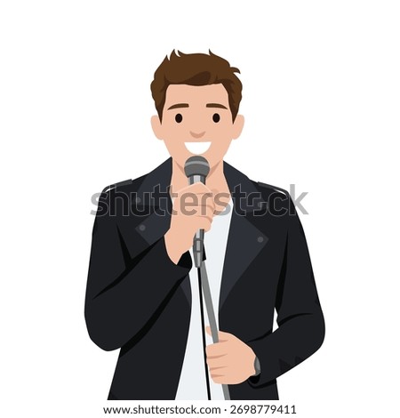 Smiling man in a black jacket holds a microphone, expressing joy and confidence. Flat vector illustration isolated on white background
