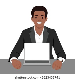 Smiling man in a black suit sits at a desk with a laptop, representing focus, professionalism. Flat vector illustration isolated on white background