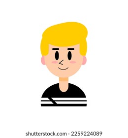 Lächelnder Mann mit blonden Seitenhaaren, einzeln auf weißem Hintergrund, schwarze Augen und Augenbrauen und rosafarbene Wangen, einfarbiges Symbol für Apps und Websites, Vektorgrafik.
