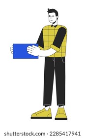 Smiling man with blue block linear flat color vector character. Editable figure. Full body person on white. Thin line cartoon style spot illustration for web graphic design and animation