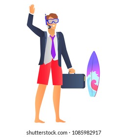 Smiling man in blue diving mask and black jacket, vector illustration of man in red shorts, black diplomat, colorful surfboard, bright background