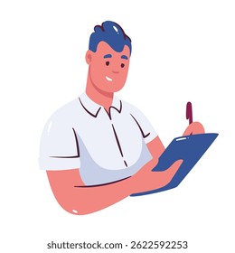 Smiling man with blue hair and white shirt holding clipboard and writing with pen. Casual cartoon doodle style. Great for education, business, planner design, or website. Vector illustration.