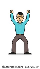 Smiling man in blue shirt feeling happy standing with hands up. Businessman won.